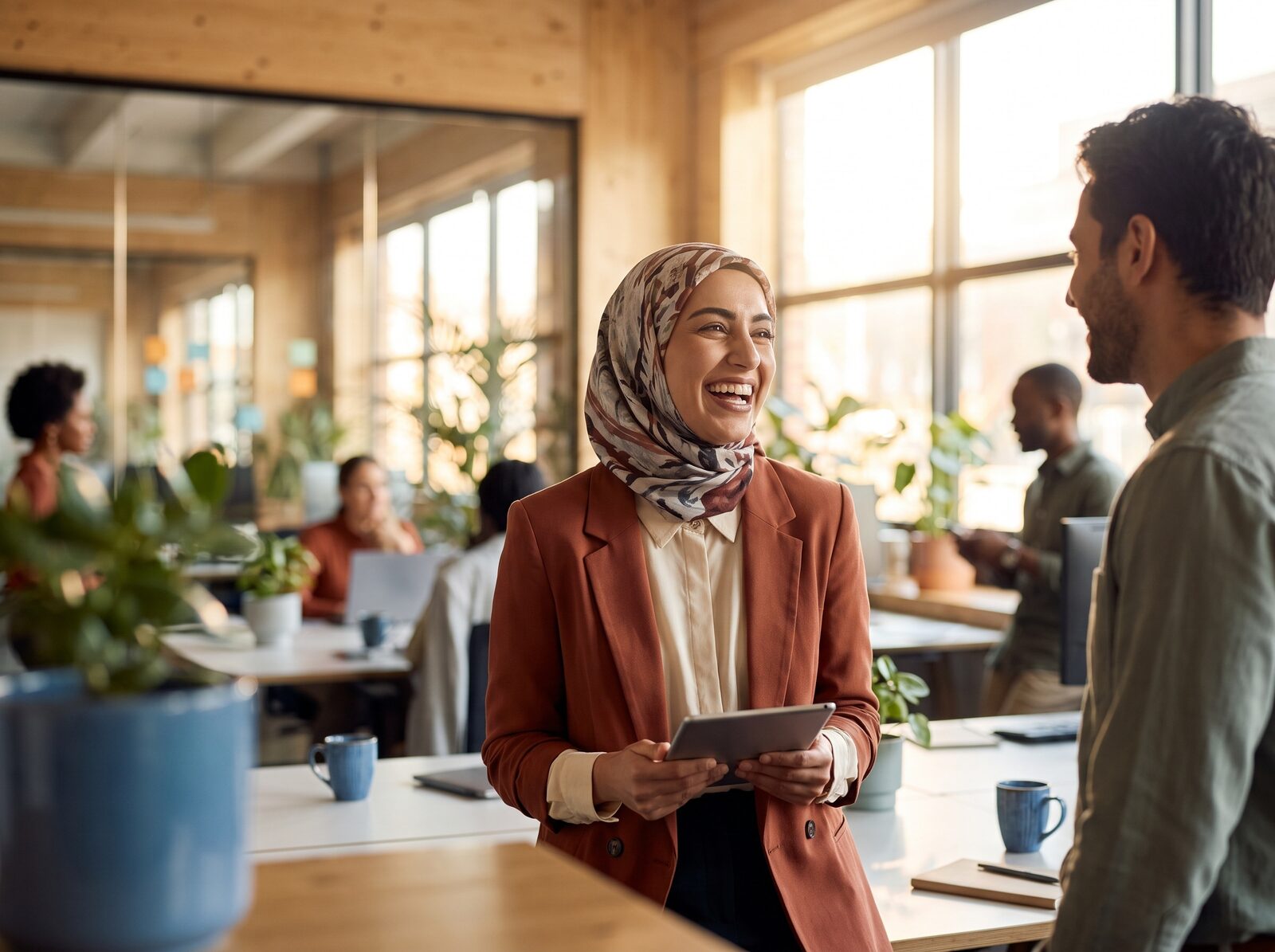 موظفة تضحك أثناء حديثها مع زميلة في المكتب